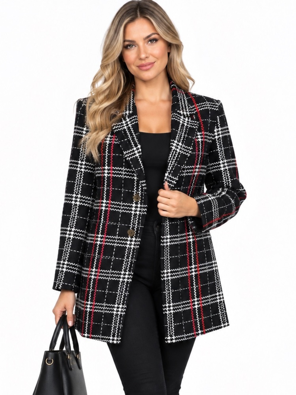 St. John Caviar Black Plaid Blazer with White and Red Windowpane MSRP $1900
